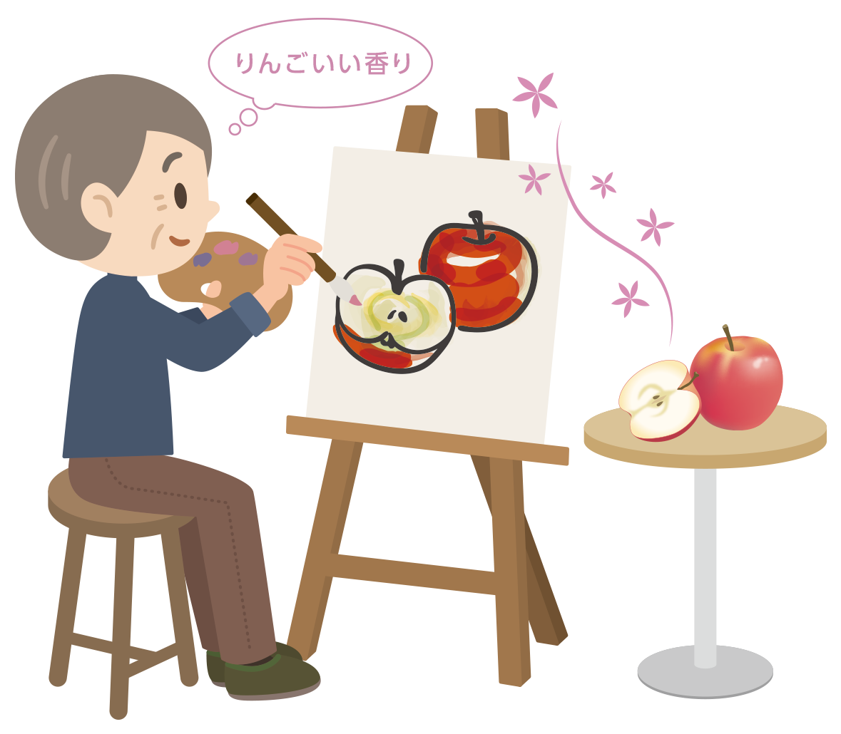 りんごの絵を描く女性のイラスト