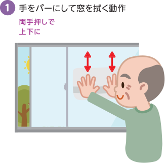 1．手をパーにして窓を拭く動作。両手 押しで上下に