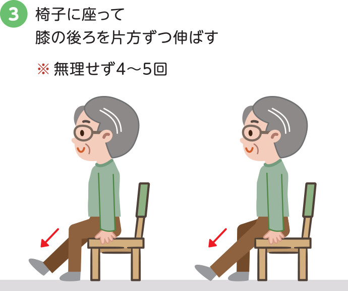 3.椅子に座って膝の後ろを片方ずつ伸ばす※ 無理せず４～５回