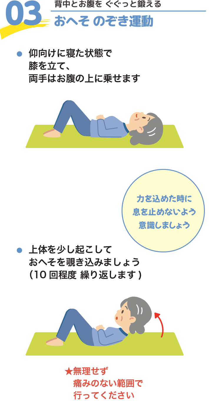 03.おへそのぞき運動 リンパ＆血流の循環が効果的 仰向けに寝た状態で膝を立て、両手はお腹の上に乗せます 上体を少し起こしておへそをのぞき見しましょう 