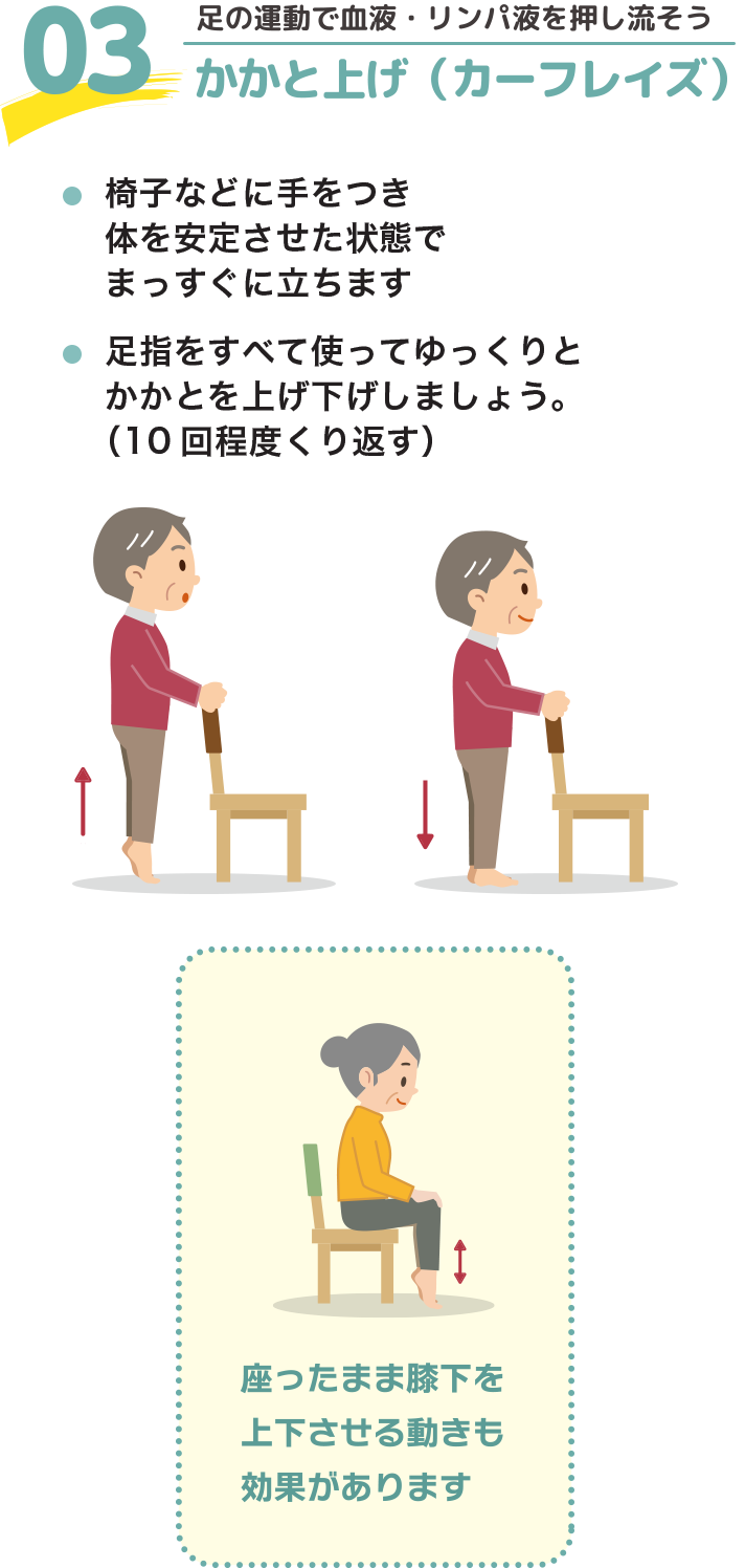 03.かかと上げ（カーフレイズ） 座ったまま膝下を上下させる動さも効果があります 椅子などに手をつき体を安定させた状態でまっすぐに立ちます