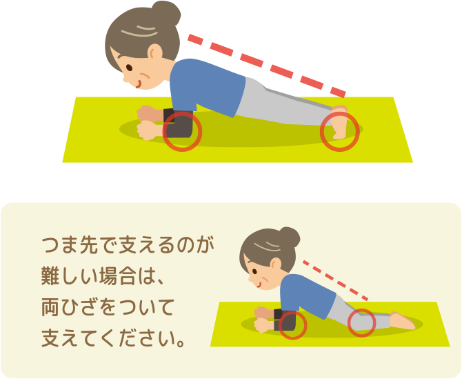 つま先で支えるのが難しい場合は、両ひざをついて支えてください。