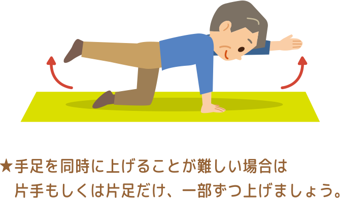 手足を同時に上げることが難しい場合は片手もしくは片足だけ、一部ずつ上げましょう。