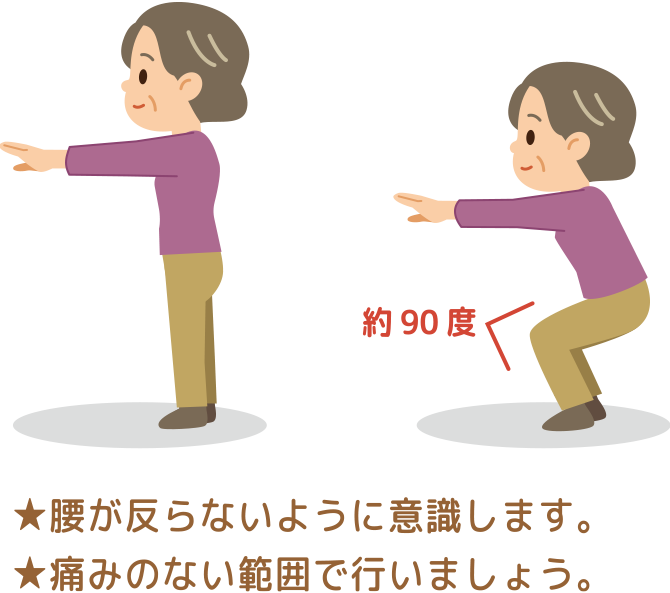 腰が反らないように意識します。痛みのない範囲で行いましょう。