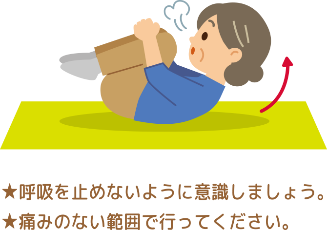 呼吸を止めないように意識しましょう。痛みのない範囲で行ってください。