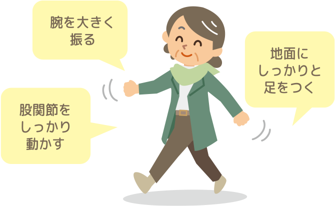 腕を大きく振る. 股関節をしっかり動かす. 地面にしっかりと足をつく.