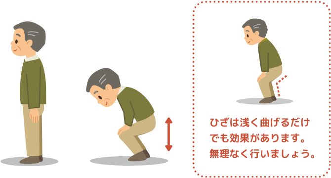ひざは浅く曲げるだけでも効果があります。無理なく行いましょう。