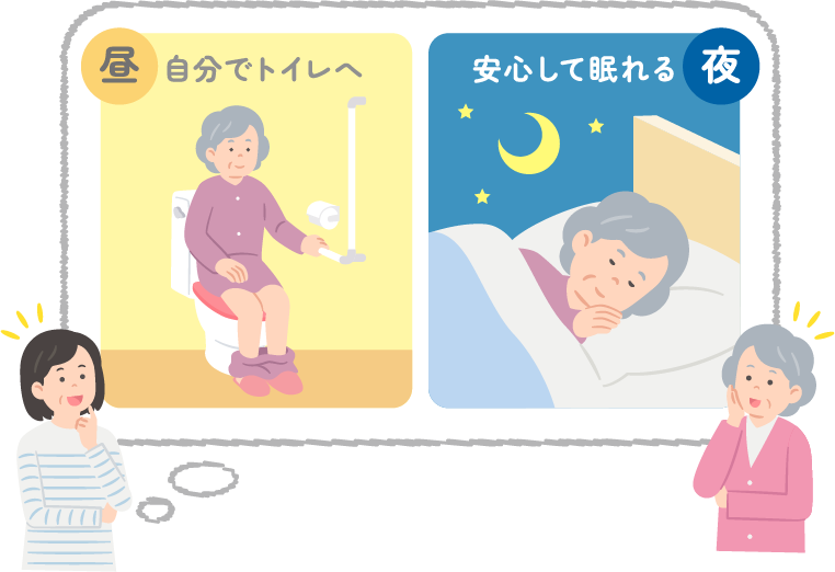 昼自分でトイレへ：安心して眠れる夜