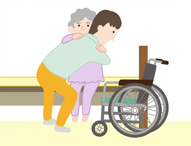 できるだけお辞儀の方向に介助し足に体重をかけるようにします。