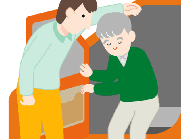 身体を座席の方向へ回転させ、頭を深く下げながら座ってもらいます。