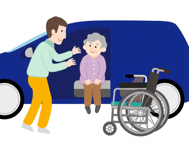 自動車の外に車椅子を用意し、座席上で身体を横向きにします。