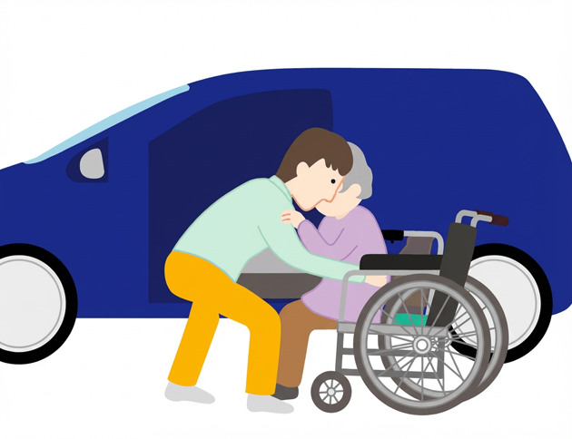 車椅子の方向へ回転させ、ゆっくり腰を下ろします。