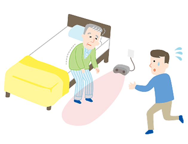 ベッドから離れた瞬間を捉え、転倒によるケガを防ぎます。