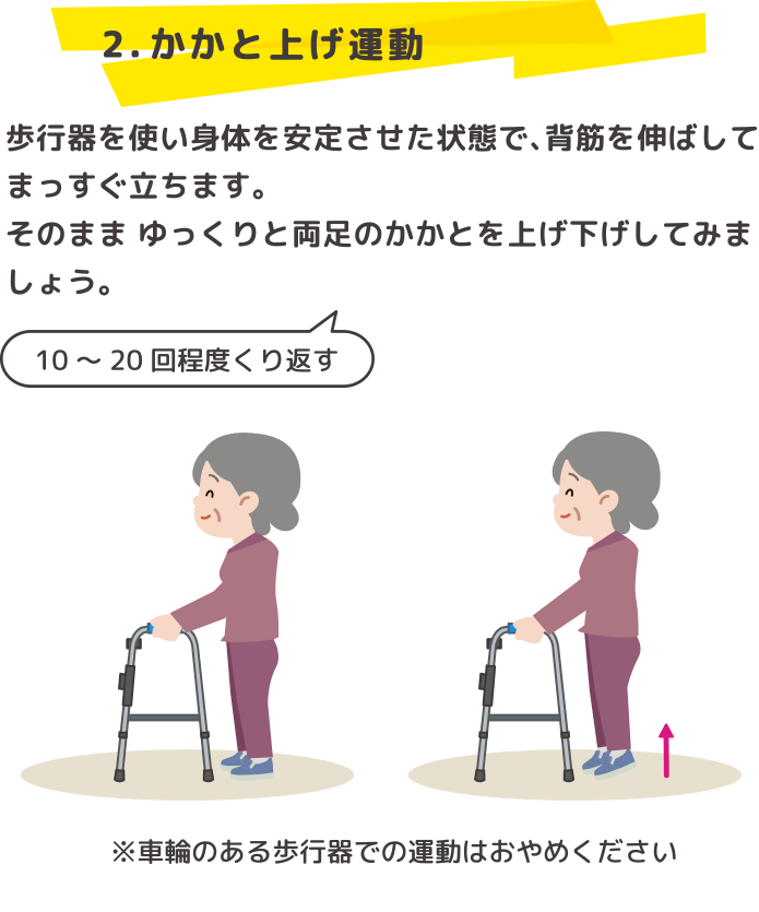 2．かかと上げ運動　歩行器を使い身体を安定させた状態で、背筋を伸ばしてまっすぐに立ちます。そのままゆっくりと両足のかかとを上げ下げしてみましょう。（１０～２０回程度くり返す） 車輪のある歩行器での運動はおやめください