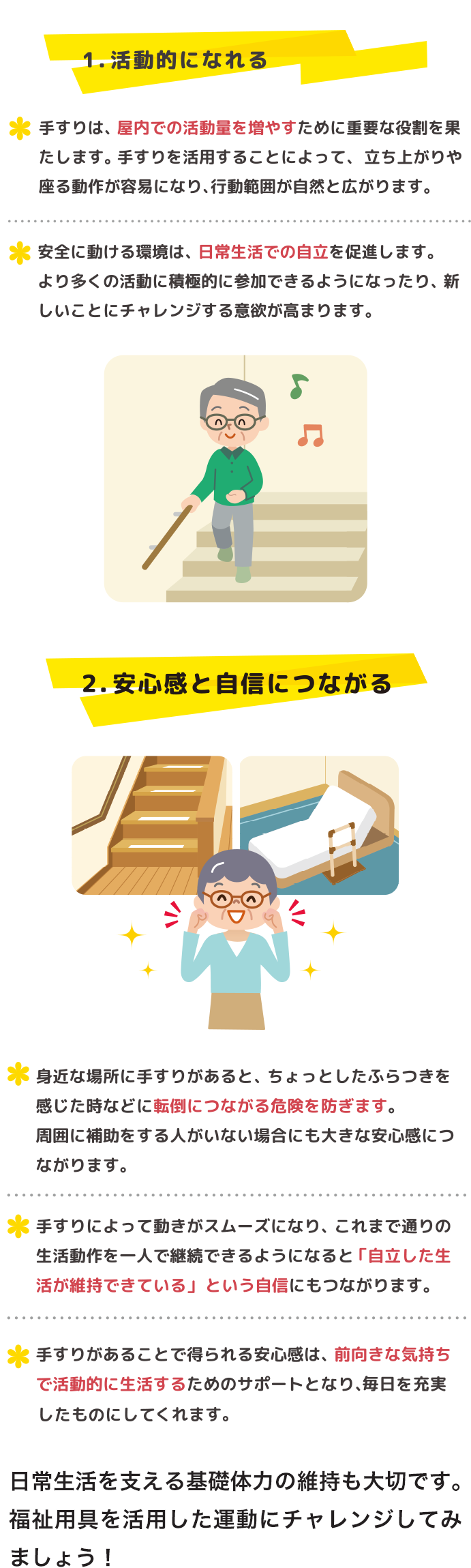 1.活動的になれる・手すりは、屋内で活動を増やすために重要な役割を果たします。手すりを活用することによって、立ち上がりや座る動作が容易になり、行動範囲が自然と広がります。　・安全に動ける環境は、日常生活での自立を促進します。より多くの活動に積極的に参加できるようになったり、新しいことにチャレンジする意欲が高まります。手すりを使って階段を降りるイメージイラスト2.安心感と自信につながる・身近な場所に手すりがあると、ちょっとしたふらつきを感じた時などに転倒につながる危機を防ぎます。周囲に補助をする人がいない場合にも大きな安心感につながります。・手すりによって動きがスムーズになり、これまで通りの生活動作を一人で継続できるようになると「自立した生活が維持できている」という自信にもつながります。・手すりがあることで得られる安心感は、前向きな気持ちで活動的に生活するためのサポートとなり、毎日を充実したものにしてくれます。