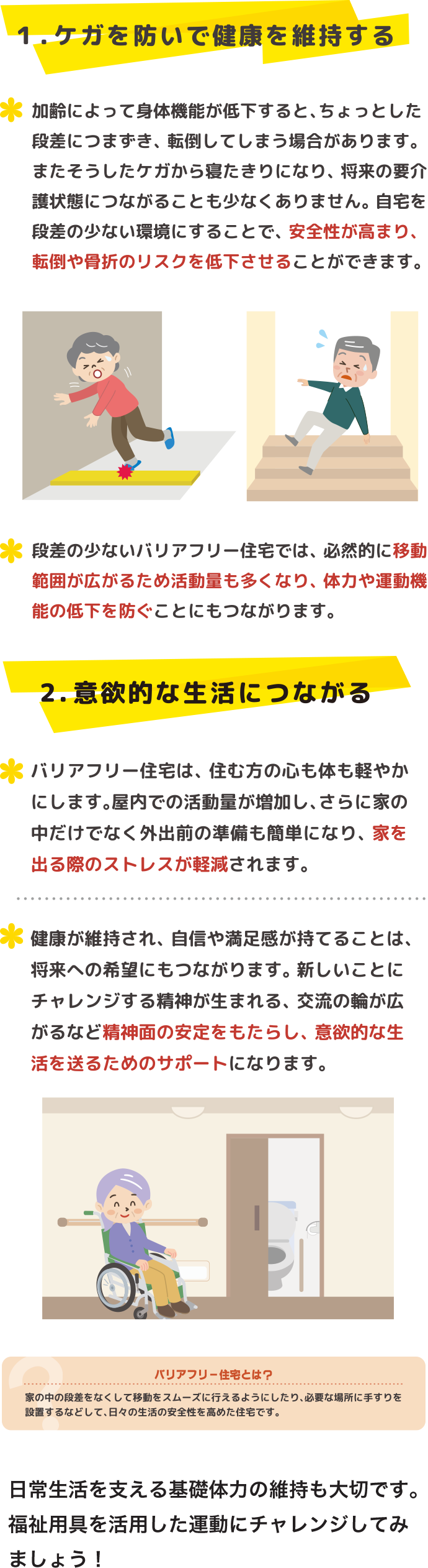 １．ケガを防いで健康を維持する　加齢によって身体機能が低下すると、ちょっとした段差につまずき、転倒してしまう場合があります。またそうしたケガから寝たきりになったり、将来の要介護状態につながることも少なくありません。自宅を段差の少ない環境にすることで、安全性が高まり、転倒や骨折のリスクを低下させることができます。 ２．意欲的な生活につながる　バリアフリー住宅は済む方の心も体も軽やかにします。屋内での活動量が増加し、さらに家の中だけでなく外出前の準備も簡単になり、家を出る際のストレスが軽減されます。　健康が維持され、自信や満足度が持てる事は、将来への希望にもつながります。新しいことにチャレンジする精神が生まれる、交流の輪が広がるなど精神面の安定をもたらし、意欲的な生活を送るためのサポートになります。 段差の少ないバリアフリー住宅では、必然的に移動範囲が広がるため活動量も多くなり、体力や運動機能の低下を防ぐことにもつながります。 バリアフリー住宅のイメージイラスト バリアフリー住宅とは？　家の中の段差をなくして移動をスムーズにおこなえるようにしたり、必要な場所に手すりを設定するなどして、日々の生活の安全性を高めた住宅です