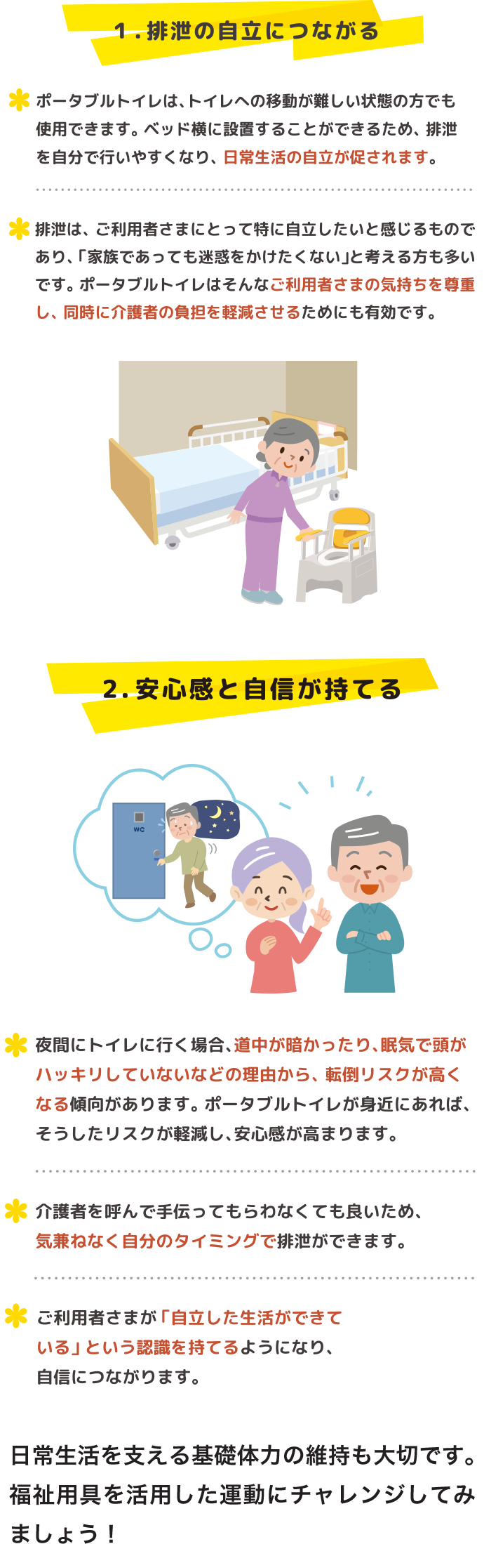 １．排泄の自立につながる　・ポータブルトイレは、トイレへの移動が難しい状態の方でも使用できます。ベッド横に設置することができるため、排泄を自分で行いやすくなり、日常生活の自立が促されます。・排泄は、ご利用者さまにとって時に自立したいと感じるものであり、「家族であっても迷惑をかけたくない」と考える方も多いです。ポータブルトイレはそんなご利用者さまの気持ちを尊重し、同時に介護者の負担を軽減させるためにも有効です。 ベッド横のポータブルトイレイラスト 2.安心感と自信が持てる ・夜間にトイレに行く場合、道中が暗かったり、眠気で頭がハッキリしていないなどの理由から、 転倒リスクが高くなる傾向があります。 ポータブルトイレが身近にあれば、そうしたリスクが軽減し、安心感が高まります。　・介護者を呼んで手伝ってもらわなくても良いため、気兼ねなく自分のタイミングで排泄ができます。　・ご利用者さまが 「自立した生活ができている」 という認識を持てるようになり、自信につながります。