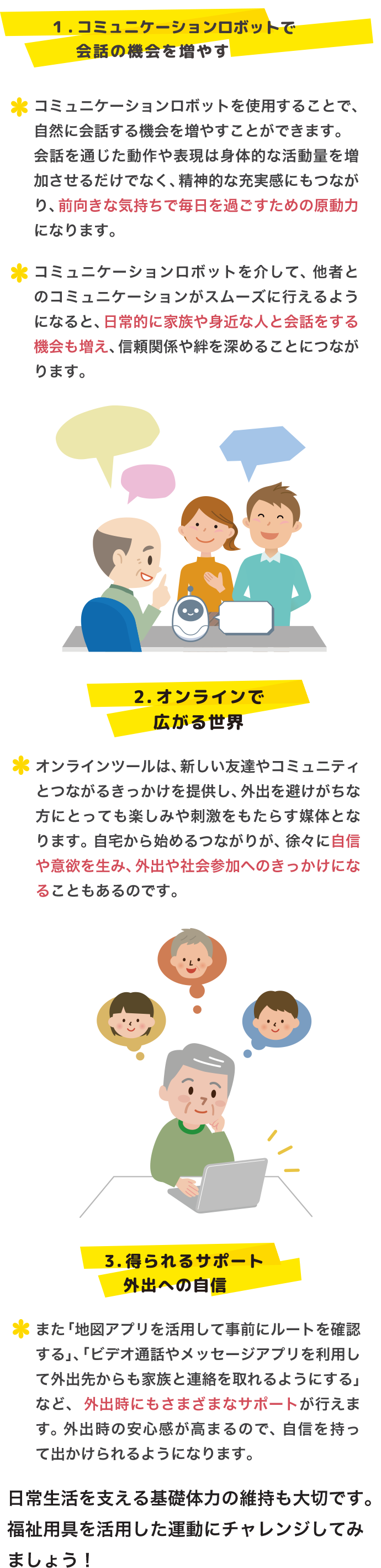 1コミュニケーションロボットで 会話の機会を増やす コミュニケーションロボットを使用することで、自然に会話する機会を増やすことができます。 会話を通じた動作や表現は身体的な活動量を増加させるだけでなく、精神的な充実感にもつながり、前向きな気持ちで毎日を過ごすための原動力になります コミュニケーションロボットを介して、 他者とのコミュニケーションがスムーズに行えるようになると、日常的に家族や身近な人と会話をする機会も増え、信頼関係や絆を深めることにつながります コミュニケーションロボットと会話イメージイラスト PCでつながるイメージイラスト 2．オンラインで広がる世界オンラインツールは、新しい友達やコミュニティとつながるきっかけを提供し、外出を避けがちな方にとっても楽しみや刺激をもたらす媒体となります。 自宅から始めるつながりが、徐々に自信や意欲を生み、外出や社会参加へのきっかけになることもあるのです。 3．得られるサポート外出への自信また「地図アプリを活用して事前にルートを確認する」、「ビデオ通話やメッセージアプリを利用して外出先からも家族と連絡を取れるようにする」など、 外出時にもさまざまなサポートが行えます。 外出時の安心感が高まるので、 自信を持って出かけられるようになります。