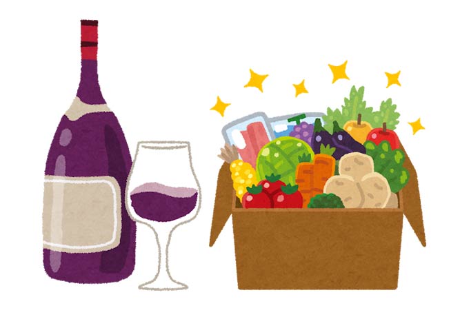 赤ワイン、緑黄色野菜（りょくおうしょくやさい）などポリフェノールを多く含む食品のイラスト