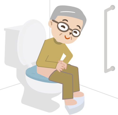 トイレで排泄する場合の注意点 前傾姿勢になってもらい、トイレをする男性のイラスト