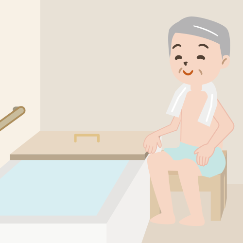 シャワーチェアを浴槽の横に置き、介護される人に座ってもらいます。片麻痺がある人は、麻痺のない側から入ってもらいます。