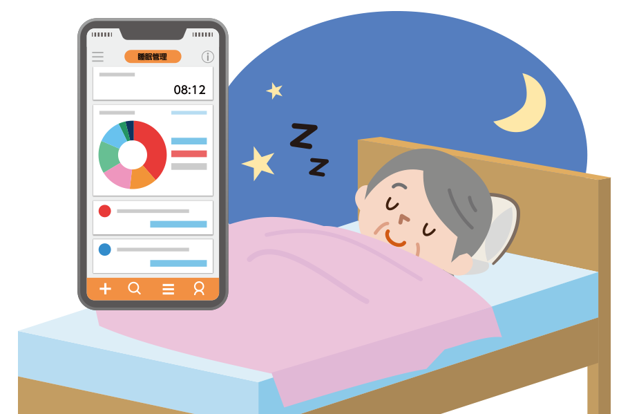 睡眠サポートアプリを使用する女性のイラスト