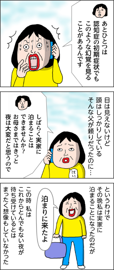 ヘルパーさん「あとひとつは認知症の初期症状でもこのような幻覚を見ることがあるんです」。目は見えなくても頭はしっかりしているそんな父が頼りだったのに・・・。ヘルパーさん「しばらく実家に泊まることはできませんか？お母さまではきっと夜は大変だと思うので」というわけでその晩、私は実家に泊まる事になったのだが。カータン「泊まりに来たよ」。この時、私はこれからとんでもない夜が待ち受けているとはまったく想像もしていなかった