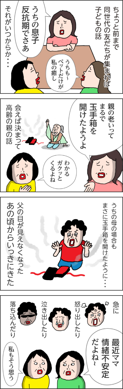 ちょっと前まで同世代の友達が集まれば子供の話「うちの息子反抗期でさあ」「うちもーペットだけが私の癒し」それがいつからか・・・友人「親の老いってまるで玉手箱を開けたようよ」カータン「わかるガクッとくるよね」会えば決まって高齢の親の話うちの母の場合もまさに玉手箱を開けたように・・・父の目が見えなくなったあの頃からいっきにきた急に怒り出したり泣き出したり落ち込んだり。姉「最近ママ情緒不安定だよね～」カータン「私もそう思う」