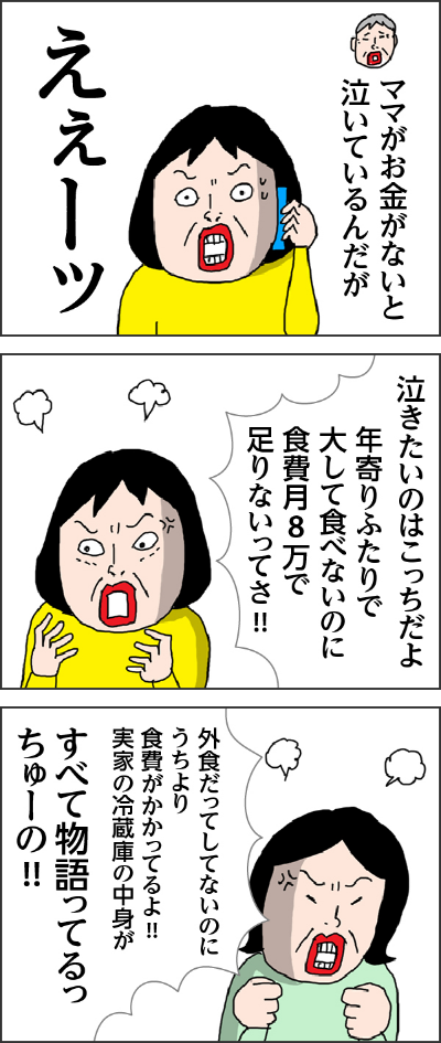 ママがお金がないと泣いているんだがえぇーッ泣きたいのはこっちだよ年寄りふたりで大して食べないのに食費月8万で足りないってさ!!外食だってしてないのにうちより食費がかかってるよ!!実家の冷蔵庫の中身がすべて物語ってるっちゅーの!!