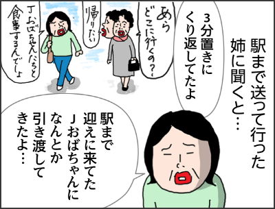 駅まで送って行った姉に聞くと…3分置きにくり返してたよあらどこに行くの？帰りたいJおばちゃんたちと食事するんでしょ駅まで迎えに来てたJおばちゃんになんとか引き渡してきたよ…そして夕方母を駅まで迎えに行くと…あら〜来てくれたのねママ〜楽しかった？久々の遠出で疲れた？楽しかったわ〜おしゃべりが止まらなくって心地よい疲れよ〜よかったね!!ところで何を食べたの？え〜っと何食べたんだっけ？えーっと…いや いいの いいのよ 何を食べたとか何を話したとかそんなのどうでもいいのよママが楽しかったならそれで十分よえ〜っと何食べたっけ