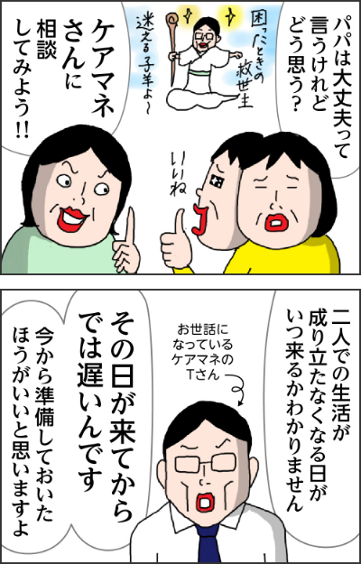 パパは大丈夫って言うけれどどう思う？ケアマネさんに相談してみよう！！二人での生活が成り立たなくなる日がいつ来るかわかりませんその日が来てからでは遅いんです今から準備しておいたほうがいいと思いますよお世話になっているケアマネのTさん