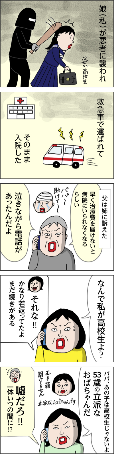 娘（私）が悪者に襲われ なぜか高校生 救急車で運ばれて そのまま入院した 父は姉に訴えた 早く治療費を届けないと病院にいられなくなるらしい 泣きながら電話があったんだよ なんで私が高校生よ？ それな!!かなり若返ってたよ　まだ続きがある パパ、あの子は高校生じゃないよ　53歳の立派なおばちゃんだ 立派なおばちゃんです　玉手箱開けてません 嘘だろ!!一体いつの間に!?