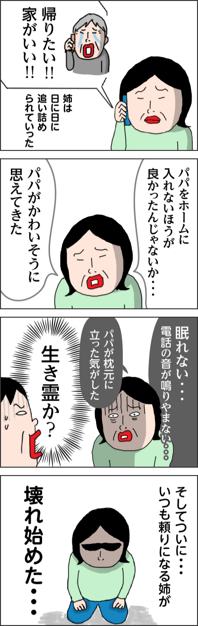 帰りたい！！家がいい！！ 姉は日に日に追い詰められていった パパをホームに入れないほうが良かったんじゃないか・・・ パパがかわいそうに思えてきた 眠れない・・・電話の音が鳴りやまない・・・ パパが枕元に立った気がした 生き霊か？ そしてついに・・・　いつも頼りになる姉が 壊れ始めた・・・