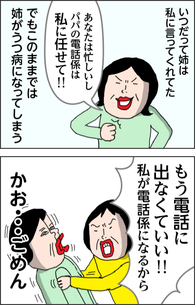 いつだって姉は私に言ってくれてた あなたは忙しいしパパの電話係は私に任せて！！！ でもこのままでは姉がうつ病になってしまう もう電話に出なくていい！！私が電話係になるから かお・・・ごめん