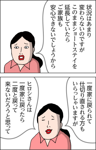 状況はあまり変わらないのですがこのままショートステイが延長していたらご家族も安心できないでしょうから一度家に戻られて仕切り直される方もいらっしゃいますがヒロシさんは一度家に戻ったら二度と戻ってこないだろうと思って