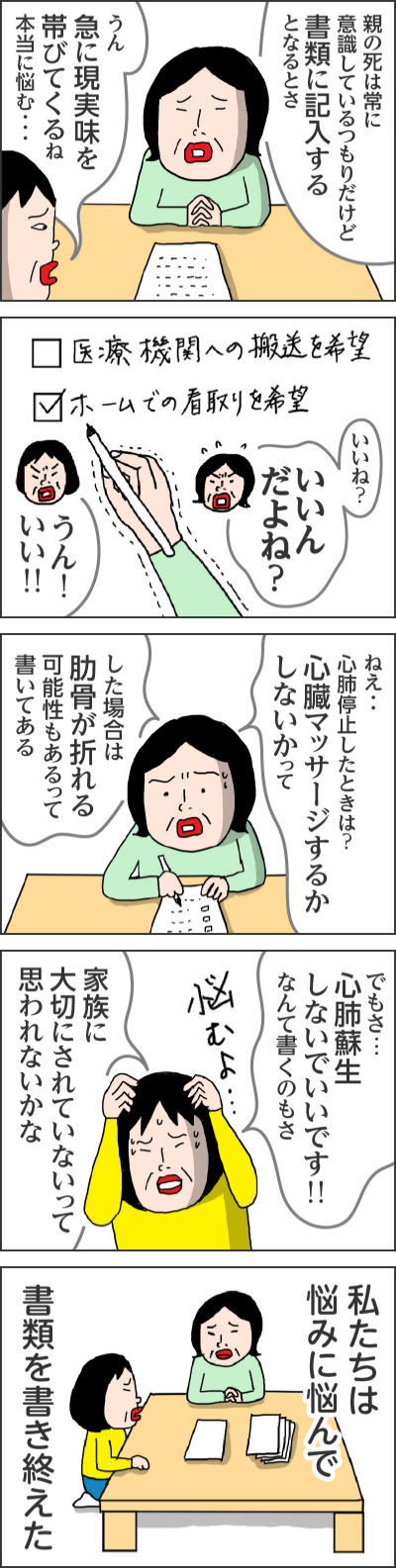 親の死は常に意識しているつもりだけど書類に記入するとなるとさうん急に現実味を帯びてくるね本当に悩む・・・いいね?いいんだよね?うん!いい!!ねえ・・心肺停止したときは?心臓マッサージするかしないかってした場合は肋骨が折れる可能性もあるって書いてあるでもさ…心肺蘇生しないでいいです!!なんて書くのもさ家族に大切にされていないって思われないかな悩むよ・・・私たちは悩みに悩んで書類を書き終えた