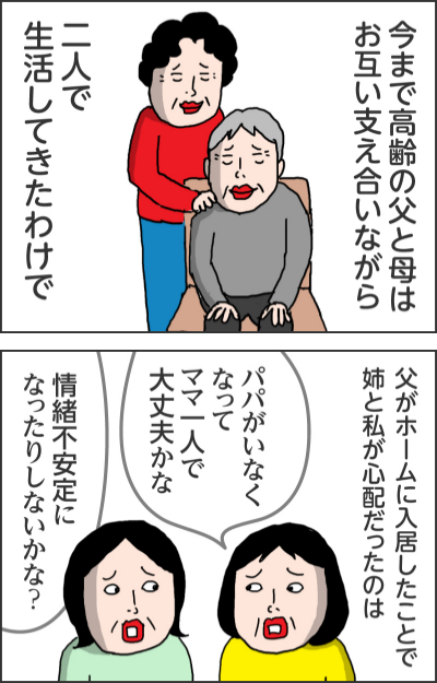 今まで高齢の父と母はお互い支え合いながら二人で生活してきたわけで父がホームに入居したことで姉と私が心配だったのはパパがいなくなってママー人で大丈夫かな情緒不安定になったりしないかな?