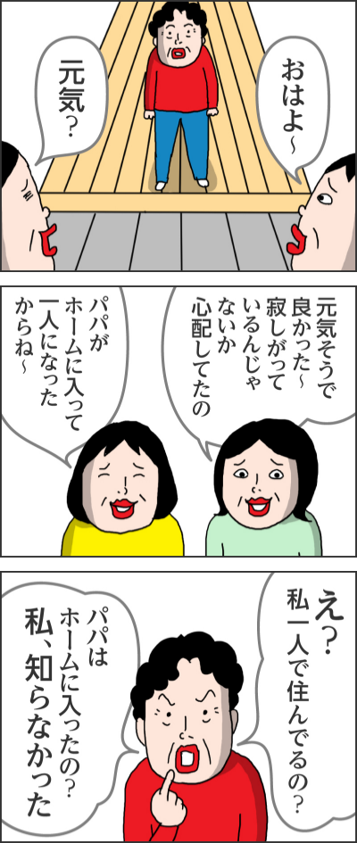 おはよ~元気?元気そうで良かった~ 寂しがっているんじゃないか心配してたのパパがホームに入って一人になったからね~え?私一人で住んでるの?パパはホームに入ったの?私、知らなかった