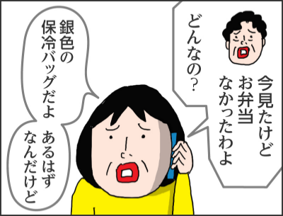 今見たけどお弁当なかったわよどんなの？銀色の保冷バッグだよあるはずなんだけど