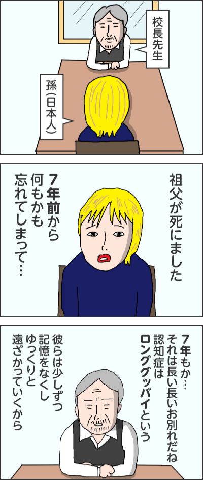 校長先生孫（日本人）祖父が死にました7年前から何もかも忘れてしまって…7年もか…それは長い長いお別れだね認知症はロンググッバイという彼らは少しずつ記憶をなくしゆっくりと遠ざかっていくから