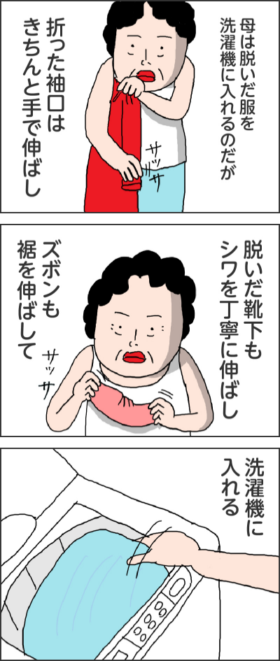 母は脱いだ服を洗濯機に入れるのだが折った袖口はきちんと手で伸ばしサッサ------脱いだ靴下もシワを丁寧に伸ばしズボンも裾を伸ばしてサッサ------洗濯機に入れる