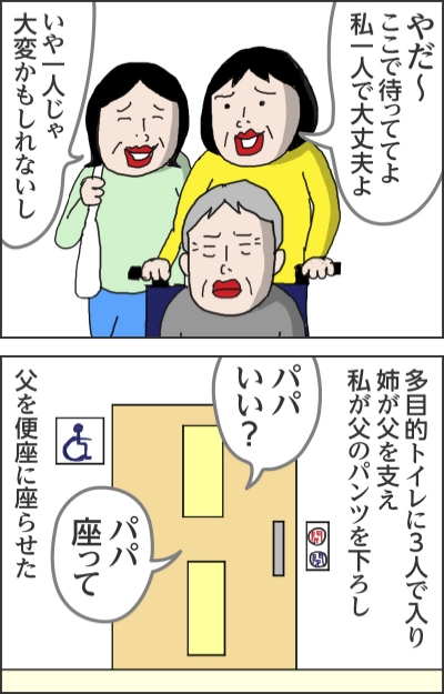 やだ~ここで待っててよ私一人で大丈夫よいや一人じゃ大変かもしれないし多目的トイレに3人で入り姉が父を支え私が父のパンツを下ろしパパいい?パパ座って父を便座に座らせた