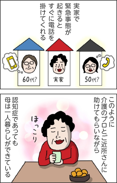実家で緊急事態が起きるとすぐに電話を掛けてくれる60代？実家50代？このように介護のプロとご近所さんに助けてもらいながら認知症であっても母は一人暮らしができている（ほっこり）
