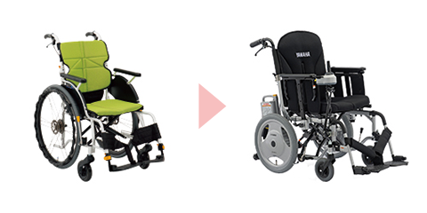 自分で漕ぐ自走式（じそうしき）から電動車椅子への切り替えが必要になった場合も、身体状態の変化に合わせ、利用する車椅子を変えられるレンタルが便利です。