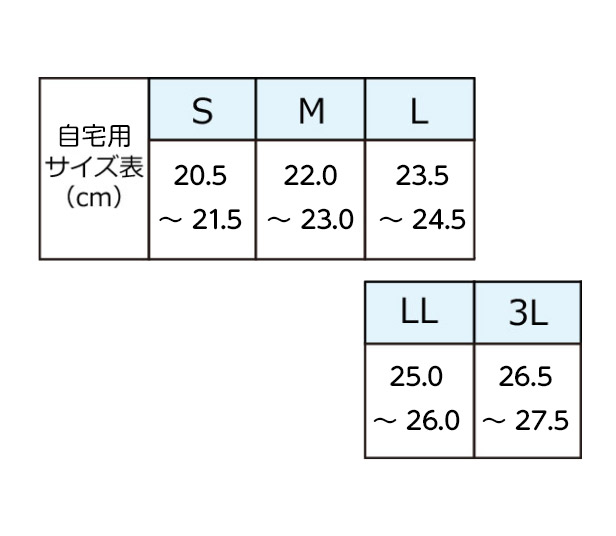 SUTTO FIT（スットフィット） 共通サイズ表 S（20.5～21.5）、M（22.0～23.0）、L（23.5～24.5）、LL（25.0～26.0）、3L（26.5～27.5）
