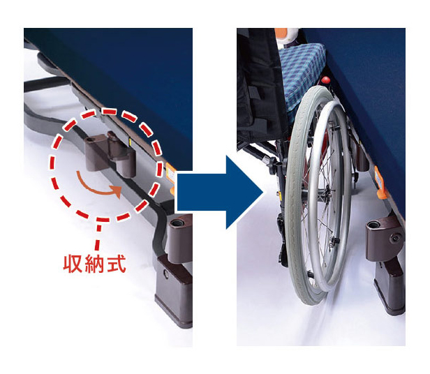 車いすを密着できる収納式レール受けを搭載