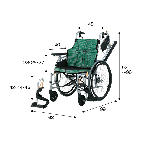 車いす自走式（じそうしき） NA-U2W・BG サイズ：全高：92～96㎝、全長：99㎝、全幅：63㎝、前座高：42・44・46㎝、肘掛け高：23・25・27㎝