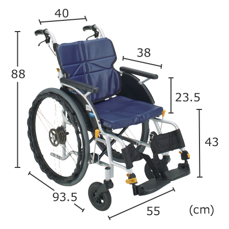 オリジナル車いす自走式標準タイプ DHR CORE-11B HB サイズ：全高：88cm、全長：93.5cm、全幅：55cm、前座高：43cm、肘掛け高（ひじかけだか）：23.5cm、シート幅：40㎝、シート奥行：38㎝