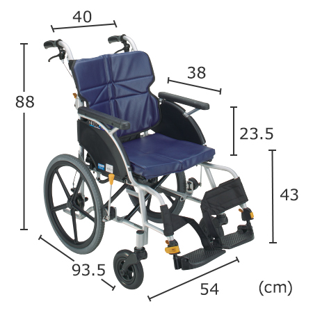 オリジナル車いす介助式標準タイプ DHR CORE-21B HB サイズ：全高：88cm、全長：93.5cm、全幅：54cm、前座高：43cm、肘掛け高（ひじかけだか）：23.5cm、シート幅：40㎝、シート奥行：38㎝