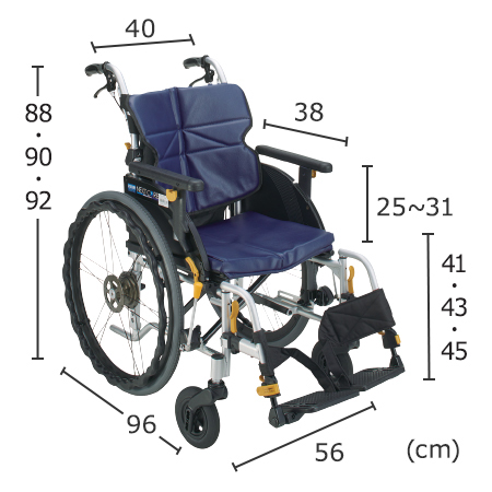 オリジナル車いす自走式多機能タイプ DHR CORE-51B HB サイズ：全高：88・90・92cm、全長：96cm、全幅：56cm、前座高：41・43・45cm、肘掛け高（ひじかけだか）：25～31cm、シート幅：40㎝、シート奥行：38㎝